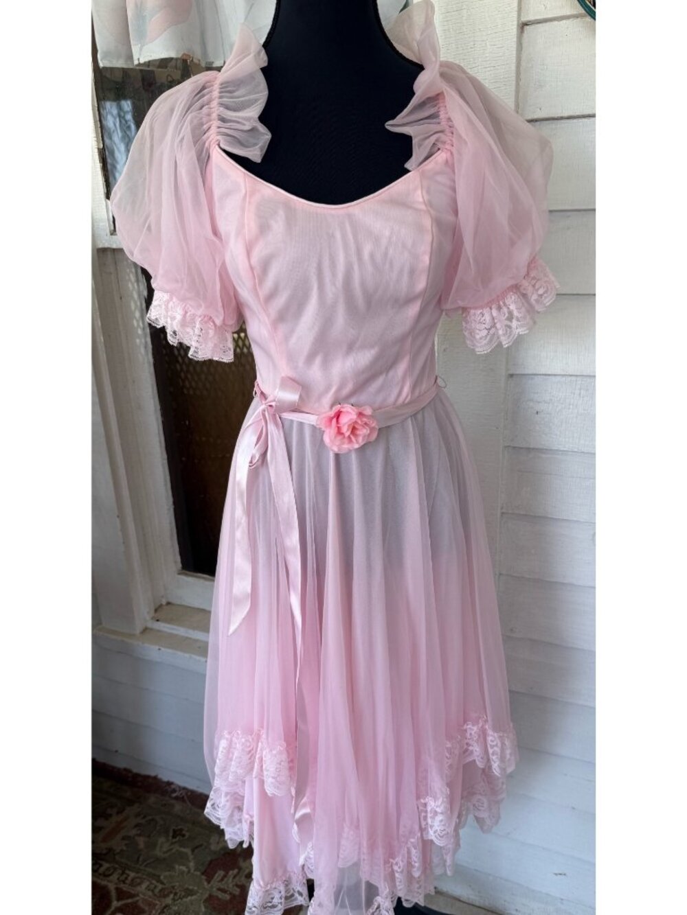 Vintage 80s Bubble Gum Pink Sheer Nylon & Lace Party Dress Balloon Sleeves Sz M - Picture 12 of 16